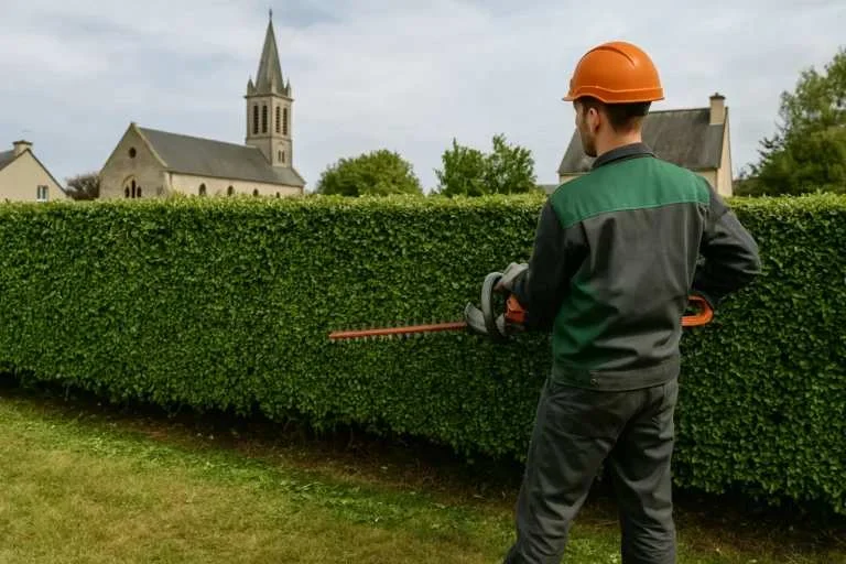 Paysagiste inspectant une haie avant taille pour vérifier l'absence de nids d'oiseaux dans le Puy-de-Dôme